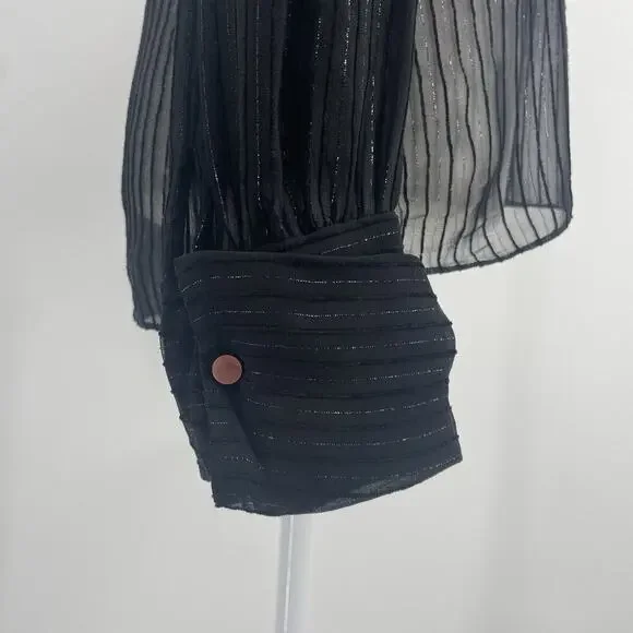 Ralph Lauren Collection Silk Sheer Ruffle Long Sleeve Blouse Collared Black Top - Picture 7 of 12